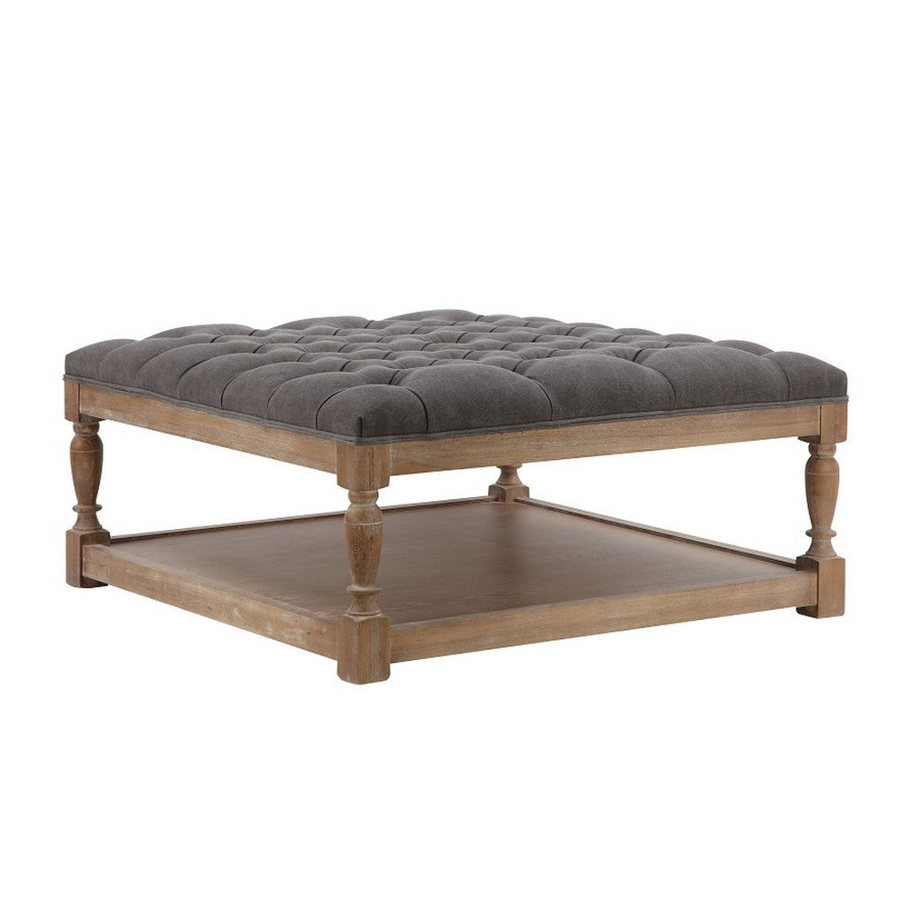 Xena Coffee Table, 36 Inch Tufted Frost Gray Upholstery, Solid Wood