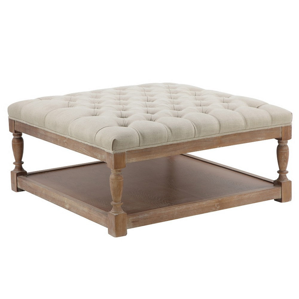 Xena Coffee Table, 36 Inch Tufted Natural White Upholstery, Solid Wood