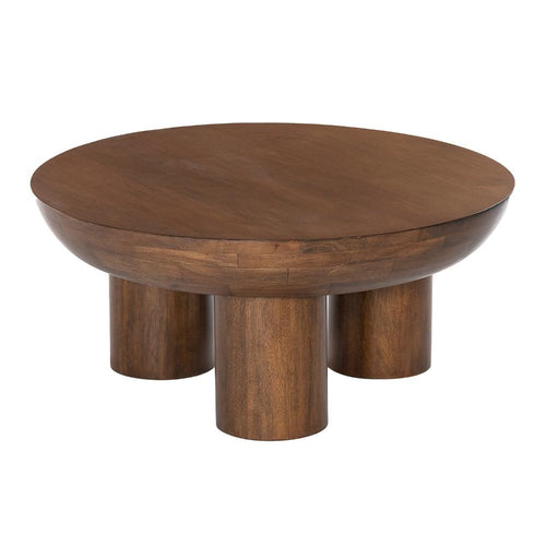 Lisw Coffee Table, 35 Inch Modern Brown Solid Mango Wood Round Top