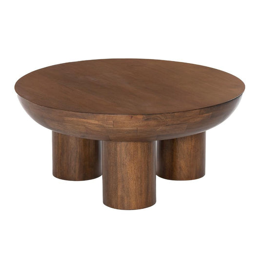 Lisw Coffee Table, 35 Inch Modern Brown Solid Mango Wood Round Top
