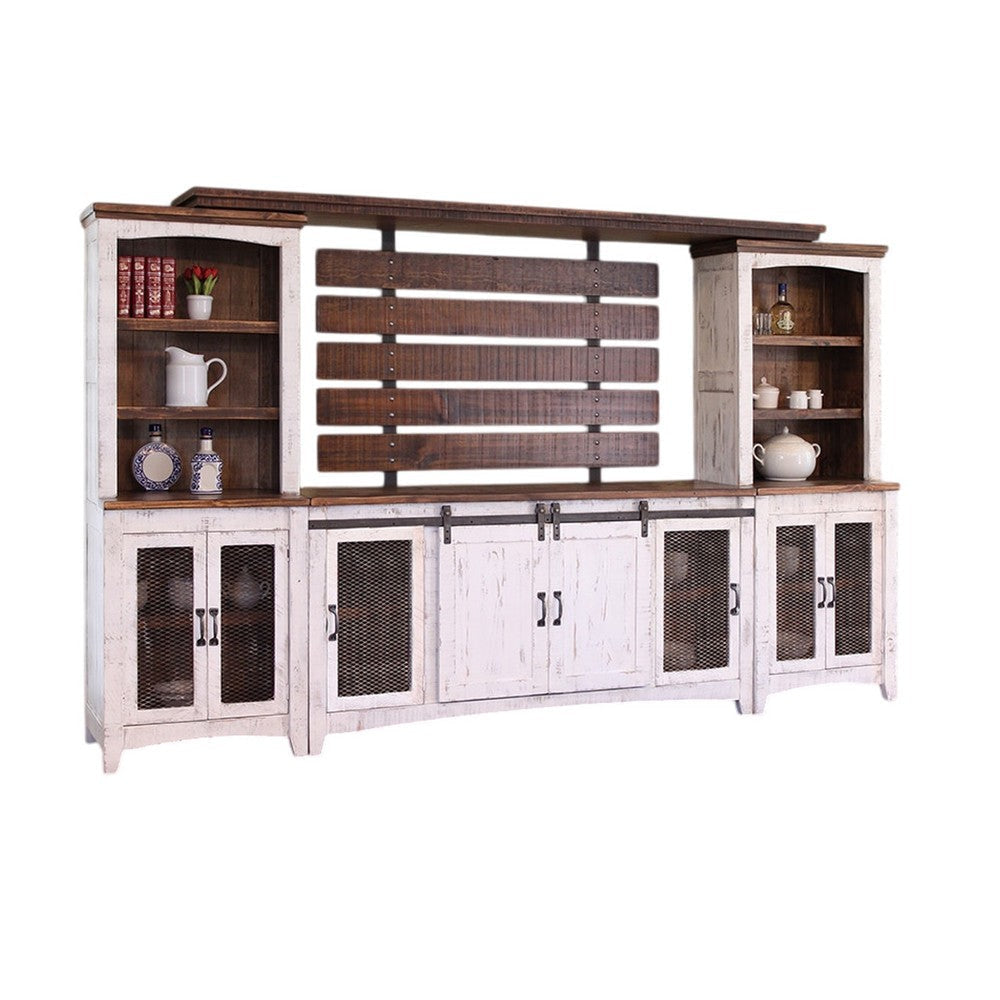 Ata Wall Unit Media TV Stand with Shelves, White, Brown Pine Wood