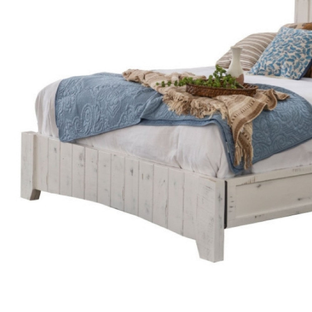 Ata King Size Bed Farmhouse Antique White and Brown Solid Pine Wood