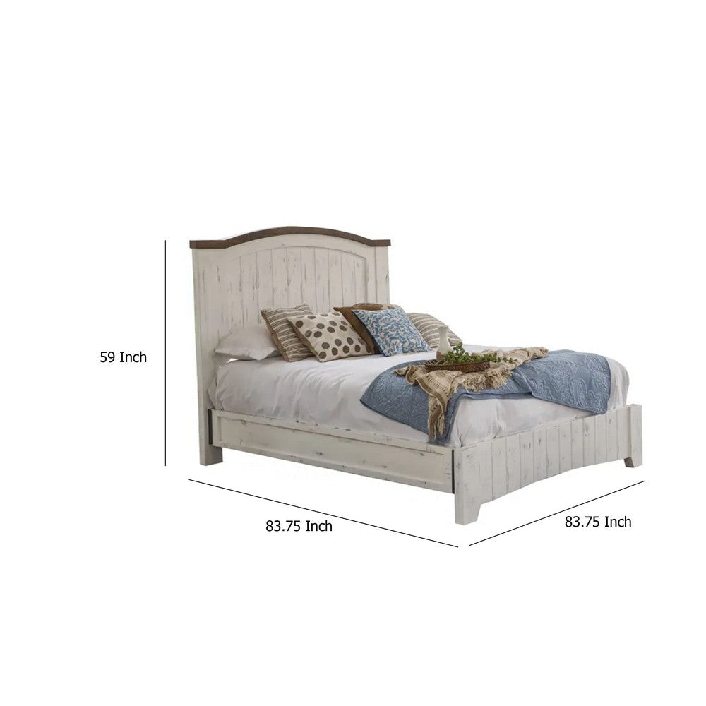 Ata King Size Bed Farmhouse Antique White and Brown Solid Pine Wood