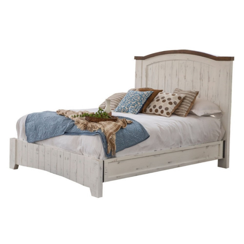 Ata Queen Size Bed Farmhouse Antique White and Brown Solid Pine Wood