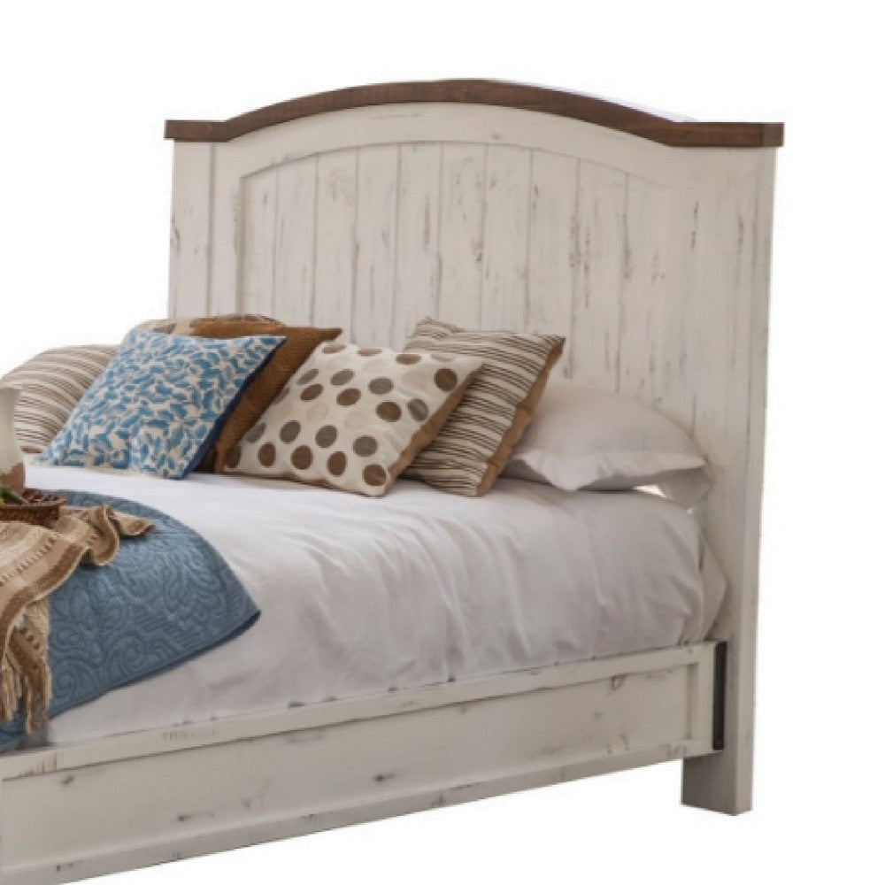 Ata Queen Size Bed Farmhouse Antique White and Brown Solid Pine Wood