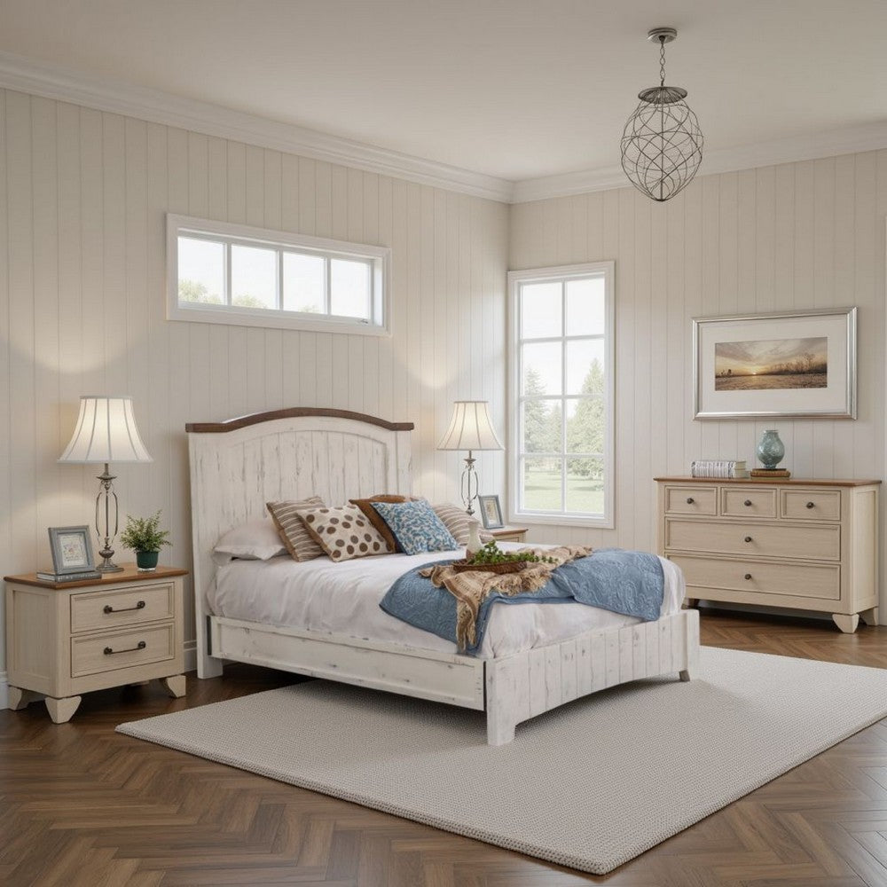 Ata Queen Size Bed, Farmhouse Antique White and Brown Solid Pine Wood