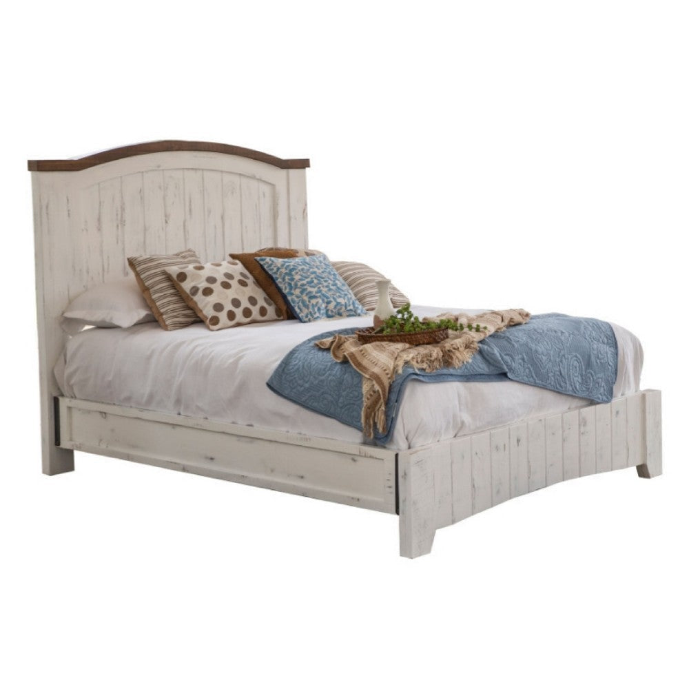 Ata California King Bed, Farmhouse Antique White Brown Solid Pine Wood