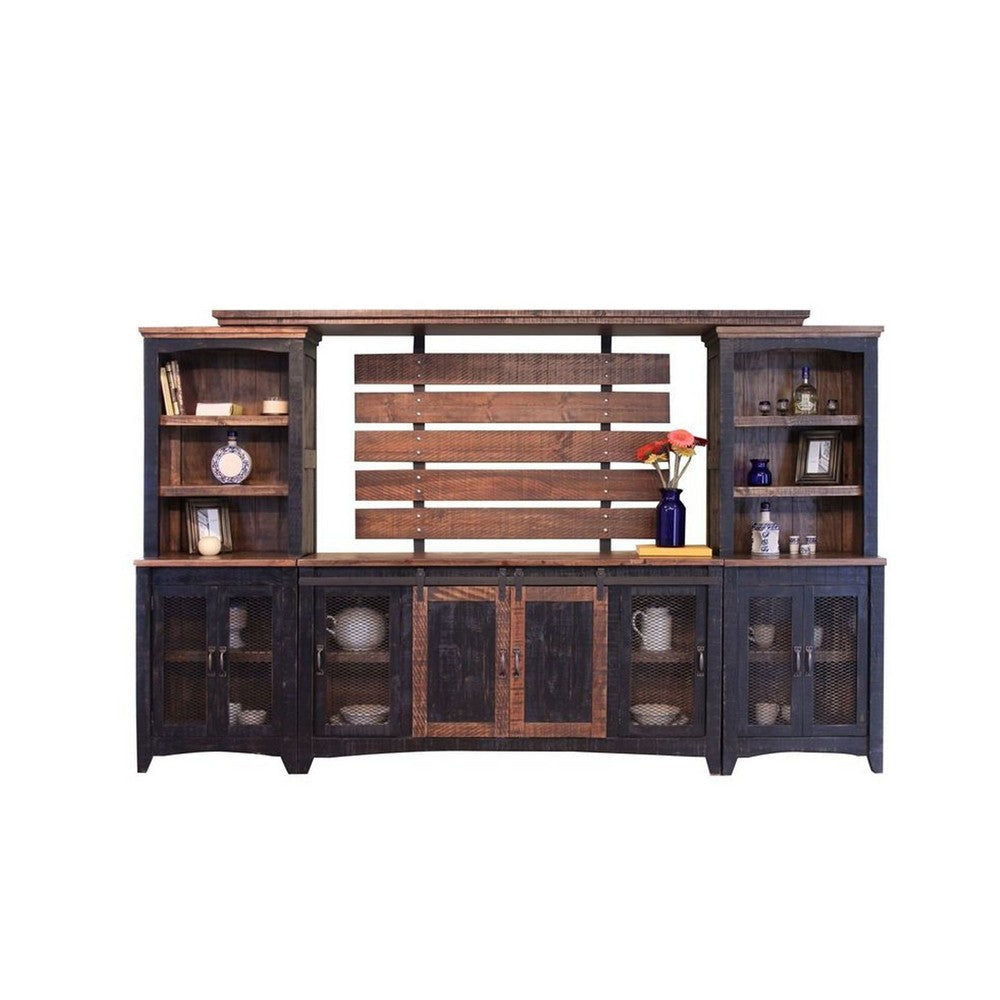 Ata Wall Media TV Stand with Shelves Black Brown Pine Wood BM332026