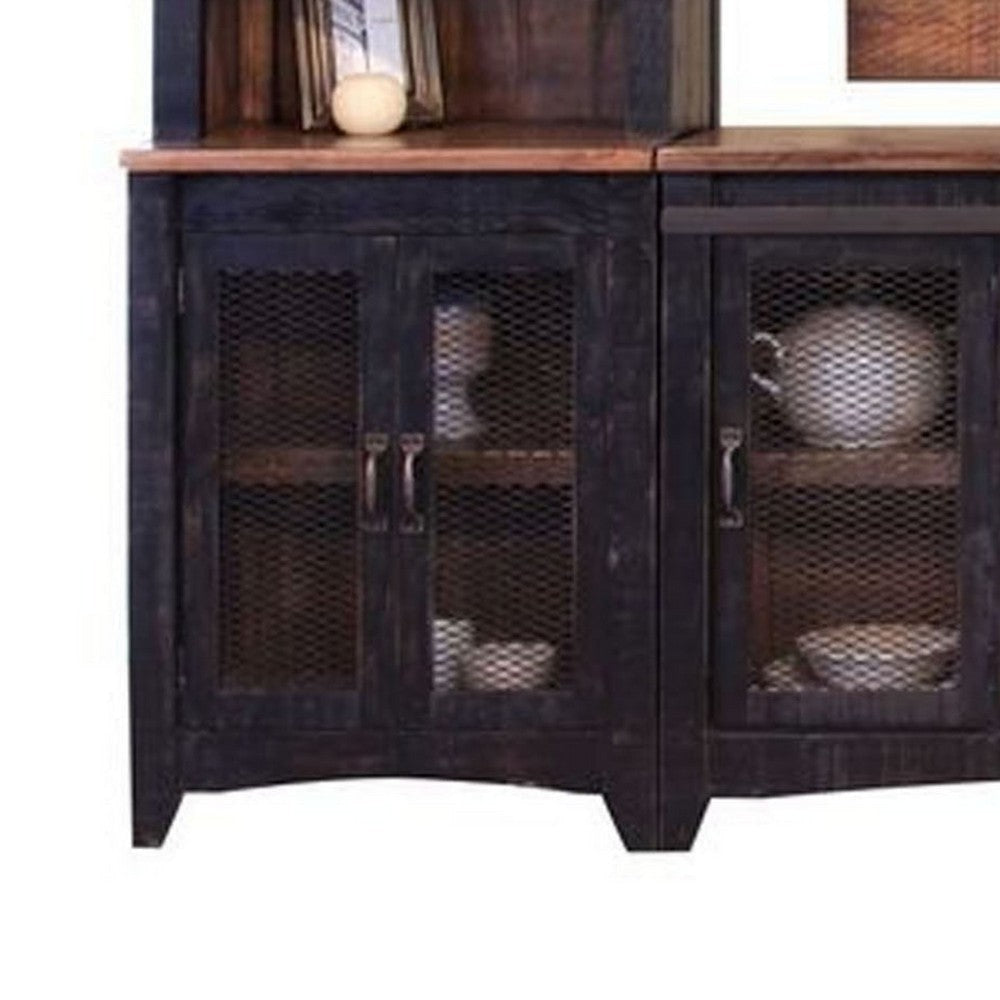 Ata Wall Media TV Stand with Shelves Black Brown Pine Wood BM332026