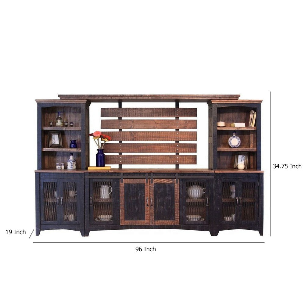 Ata Wall Media TV Stand with Shelves Black Brown Pine Wood BM332026