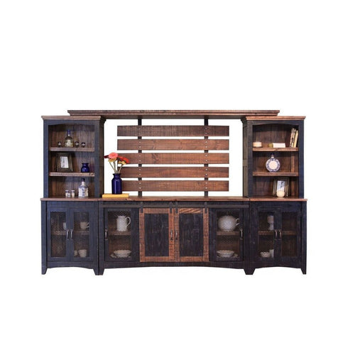 Ata Wall Media TV Stand with Shelves, Black Brown Pine Wood