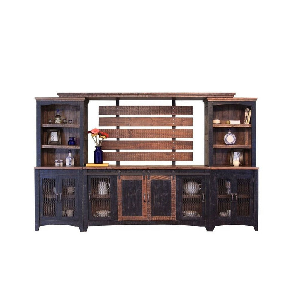 Ata Wall Media TV Stand with Shelves, Black Brown Pine Wood