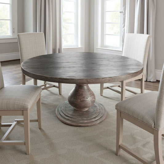 Ian Dining Table, Brown Solid Pine Wood, Pedestal Base, Round 63 Inch