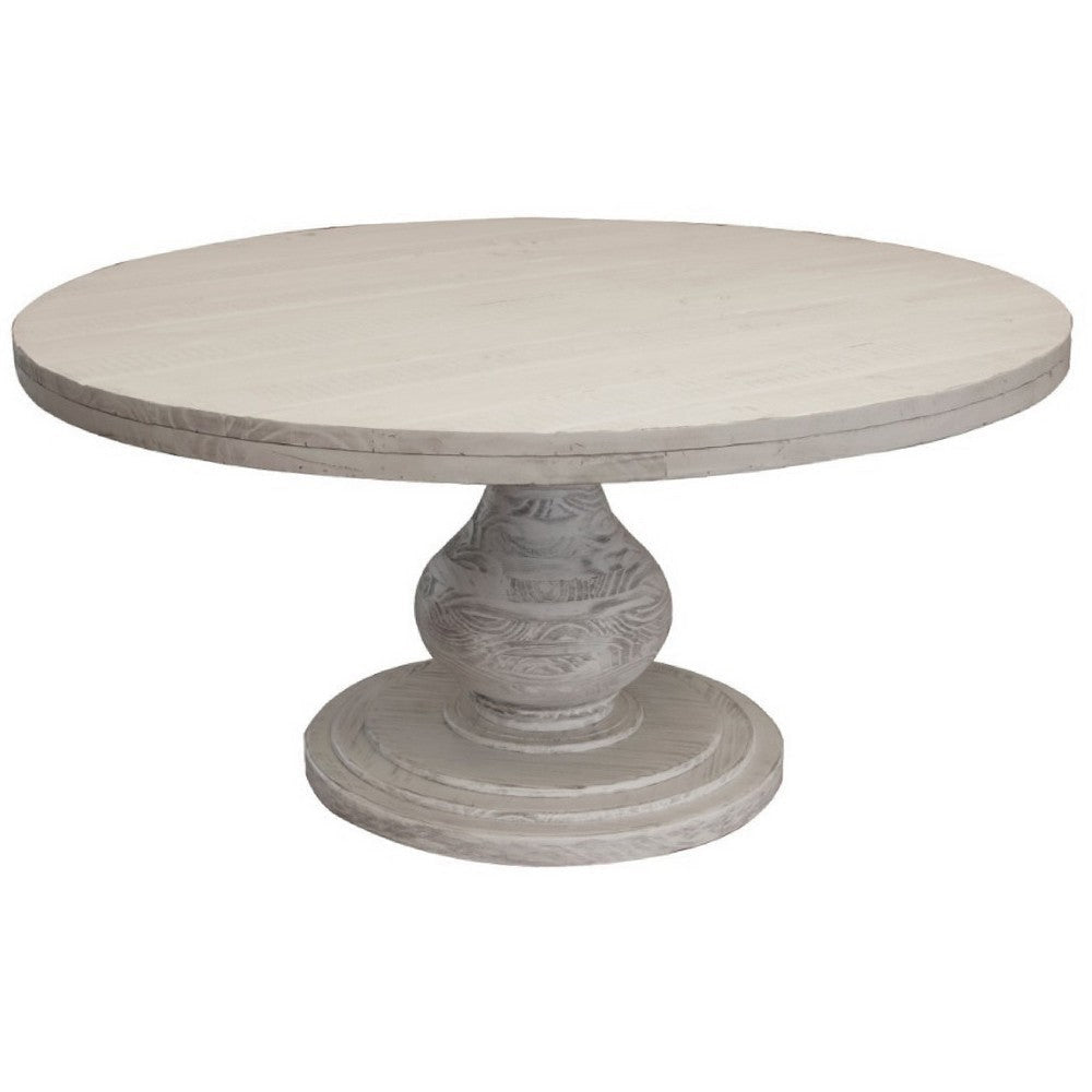 Ian Dining Table, Ivory Solid Pine Wood, Pedestal Base, Round 63 Inch