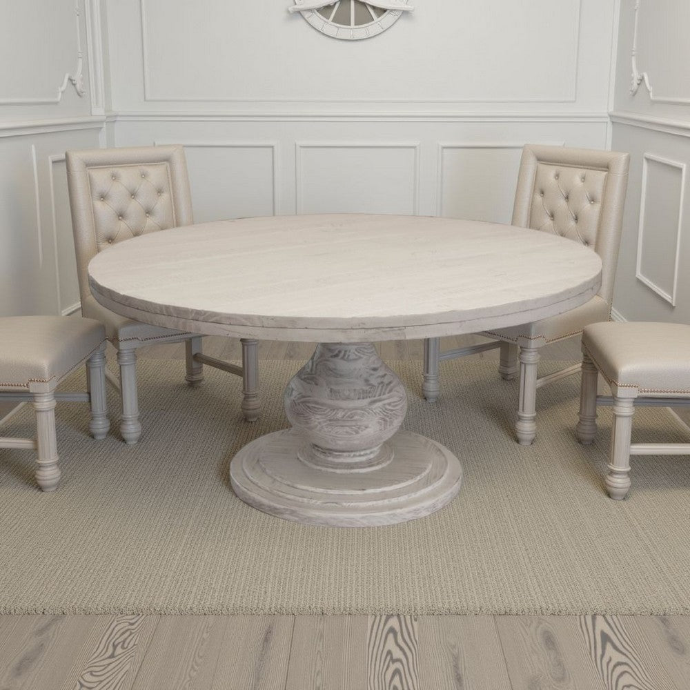 Ian Dining Table, Ivory Solid Pine Wood, Pedestal Base, Round 63 Inch