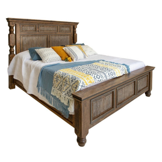 Sim California King Bed, Antique White, Weathered Gray Solid Pine Wood