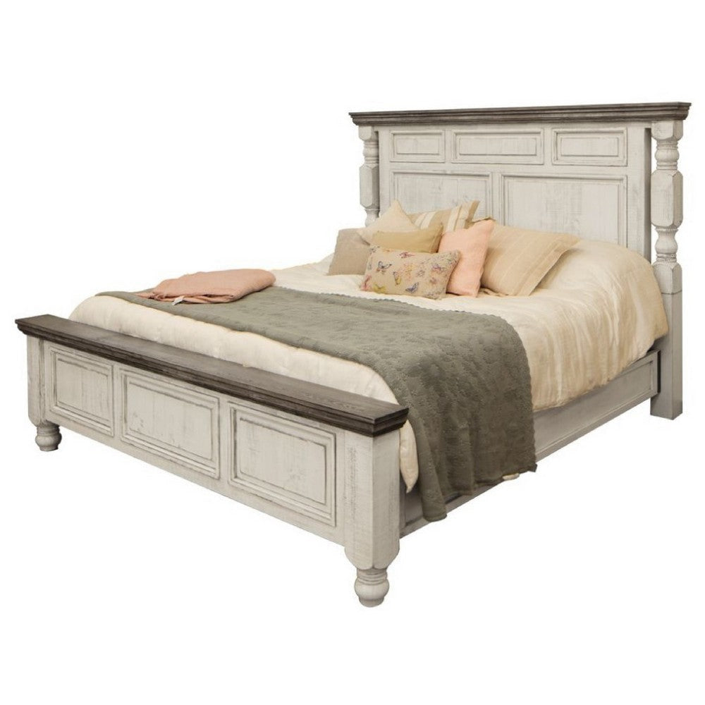 Sim Queen Size Bed Antique White and Weathered Gray Solid Pine Wood