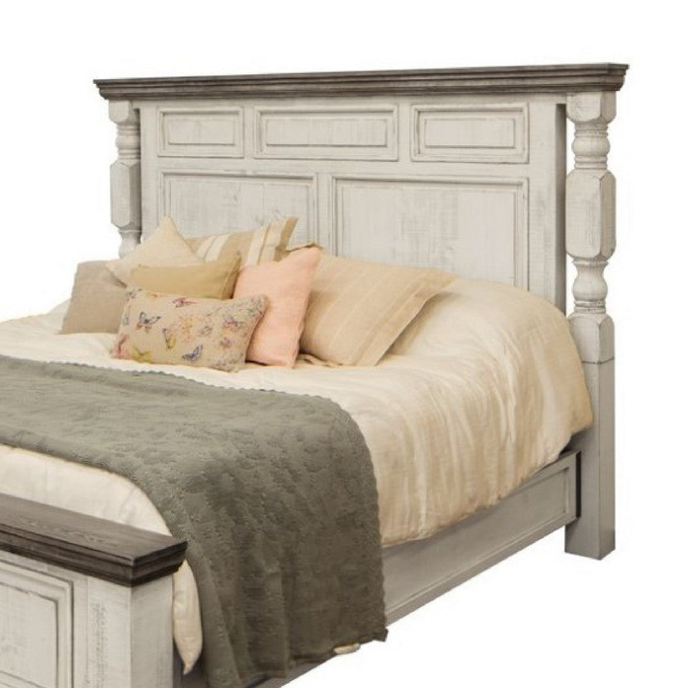 Sim Queen Size Bed Antique White and Weathered Gray Solid Pine Wood