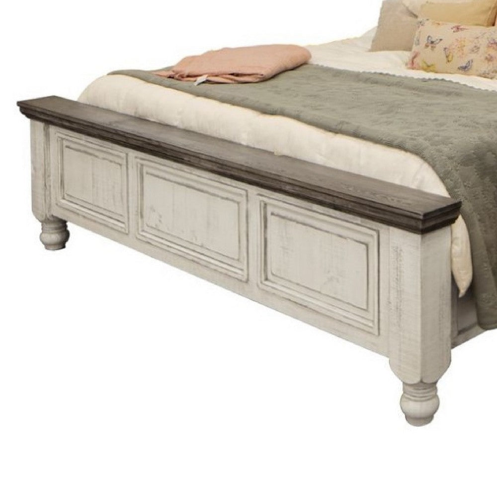 Sim Queen Size Bed Antique White and Weathered Gray Solid Pine Wood