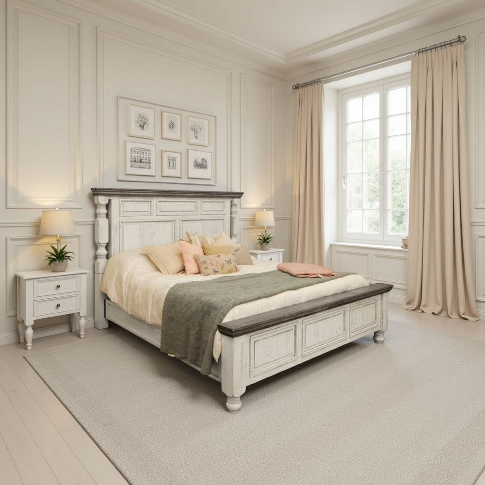 Sim Queen Size Bed, Antique White and Weathered Gray Solid Pine Wood