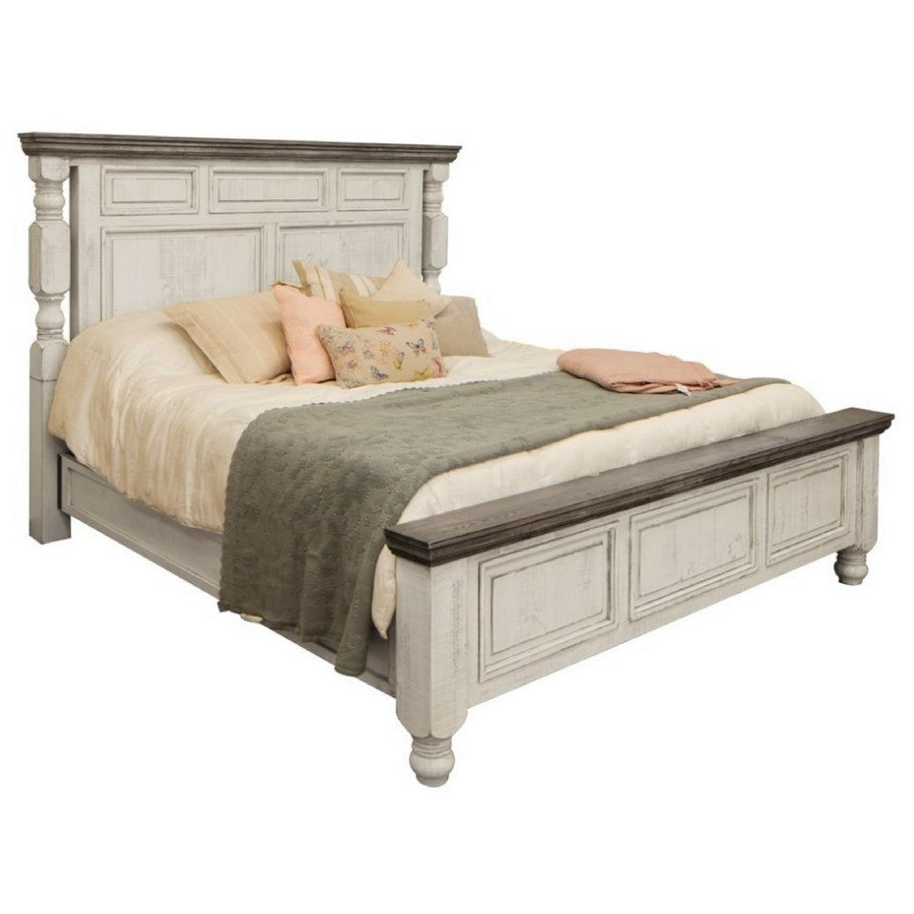 Sim Queen Size Bed, Antique White and Weathered Gray Solid Pine Wood