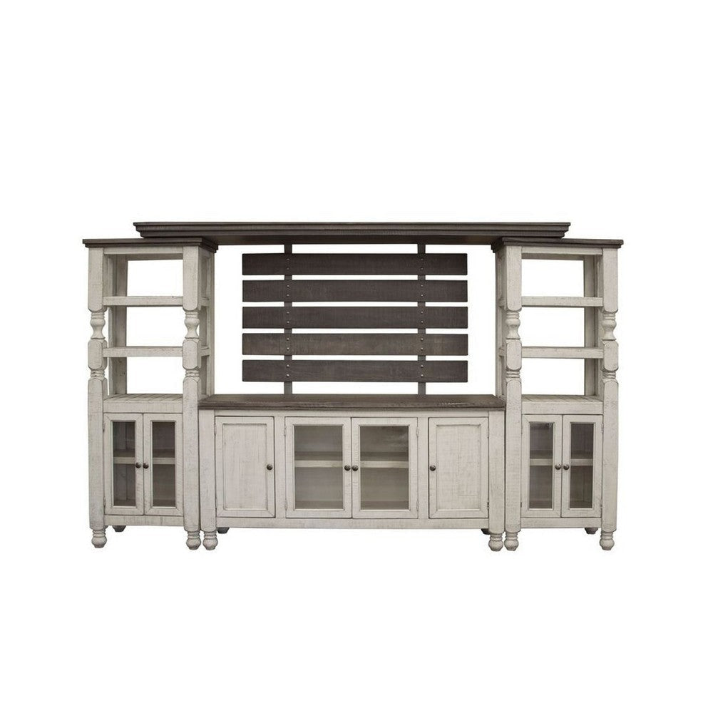 Sim Wall Media TV Stand with Shelves White Gray Pine Wood 68 Inch BM332033