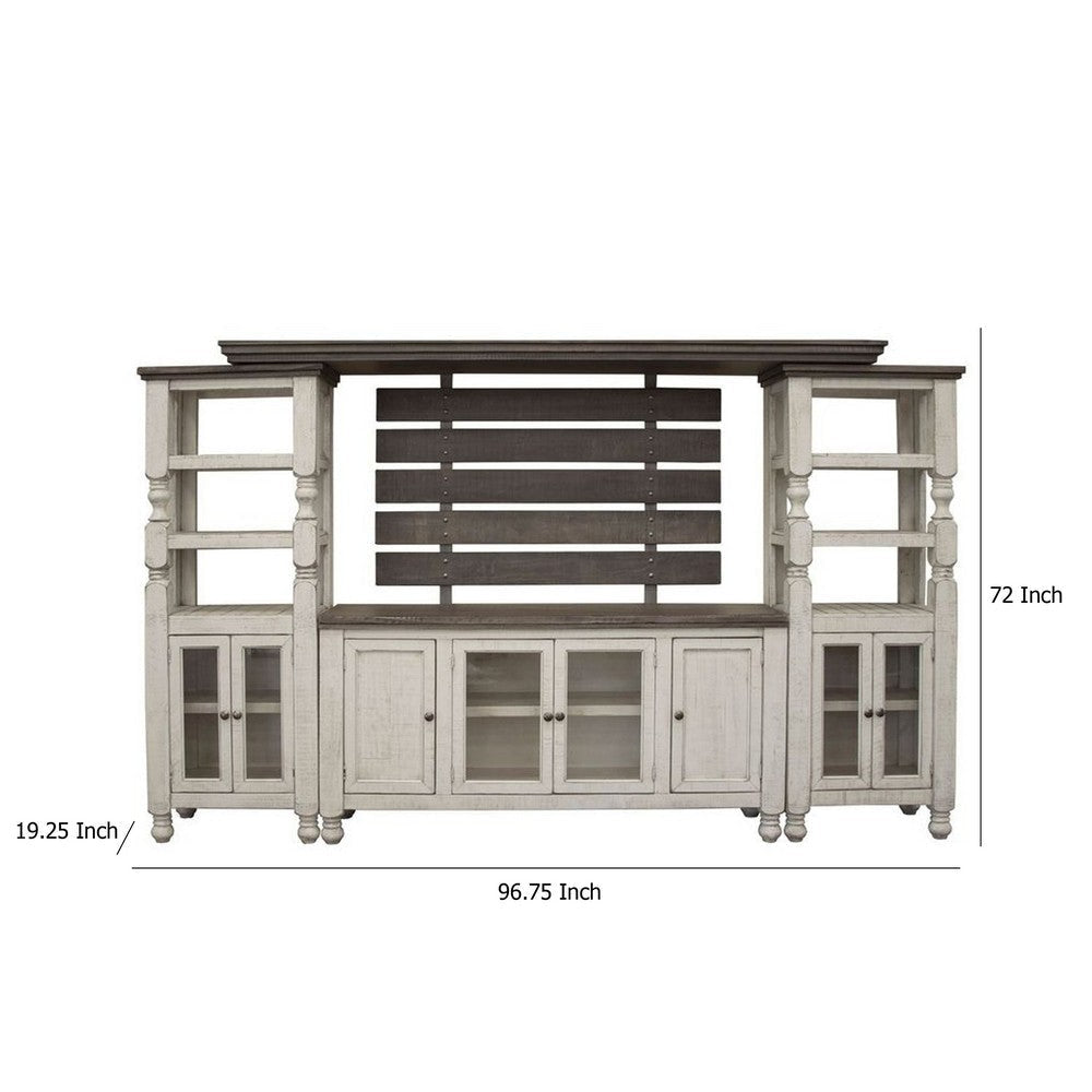 Sim Wall Media TV Stand with Shelves White Gray Pine Wood 68 Inch BM332033