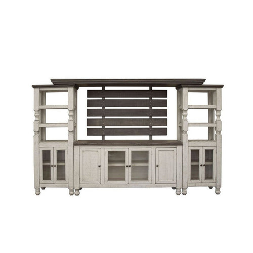 Sim Wall Media TV Stand with Shelves, White Gray Pine Wood, 68 Inch