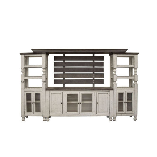 Sim Wall Media TV Stand with Shelves, White Gray Pine Wood, 68 Inch