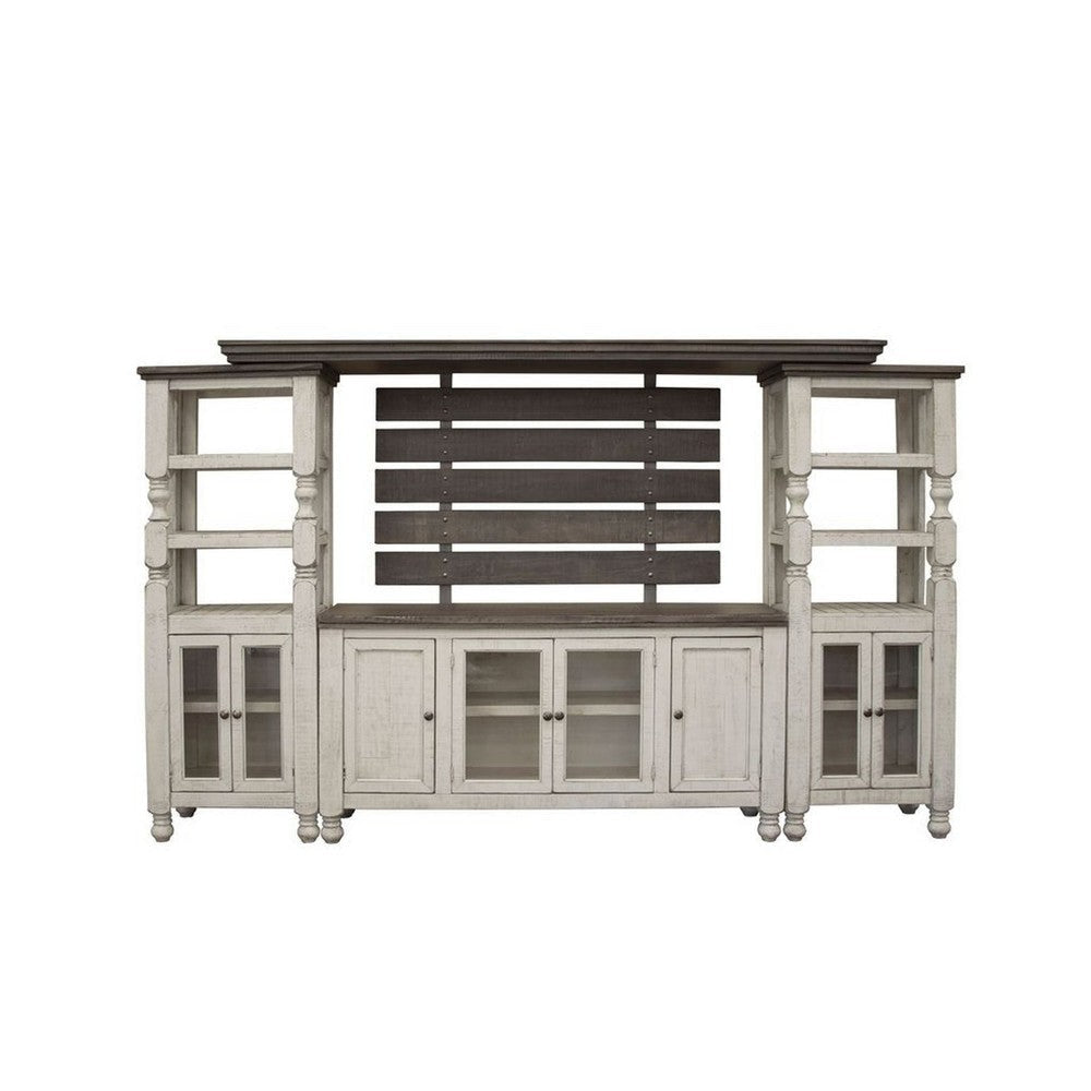 Sim Wall Media TV Stand with Shelves, White Gray Pine Wood, 68 Inch