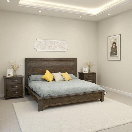 Pola Queen Size Bed, Modern Dual Tone Gray and Brown Solid Pine Wood