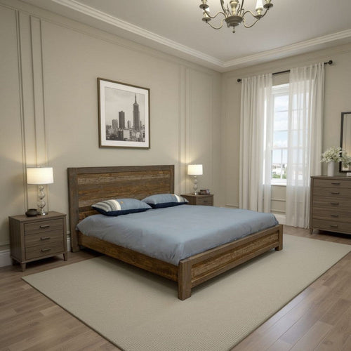 Pola Queen Bed, Low Profile Footboard, Gray, Brown Solid Pine Wood