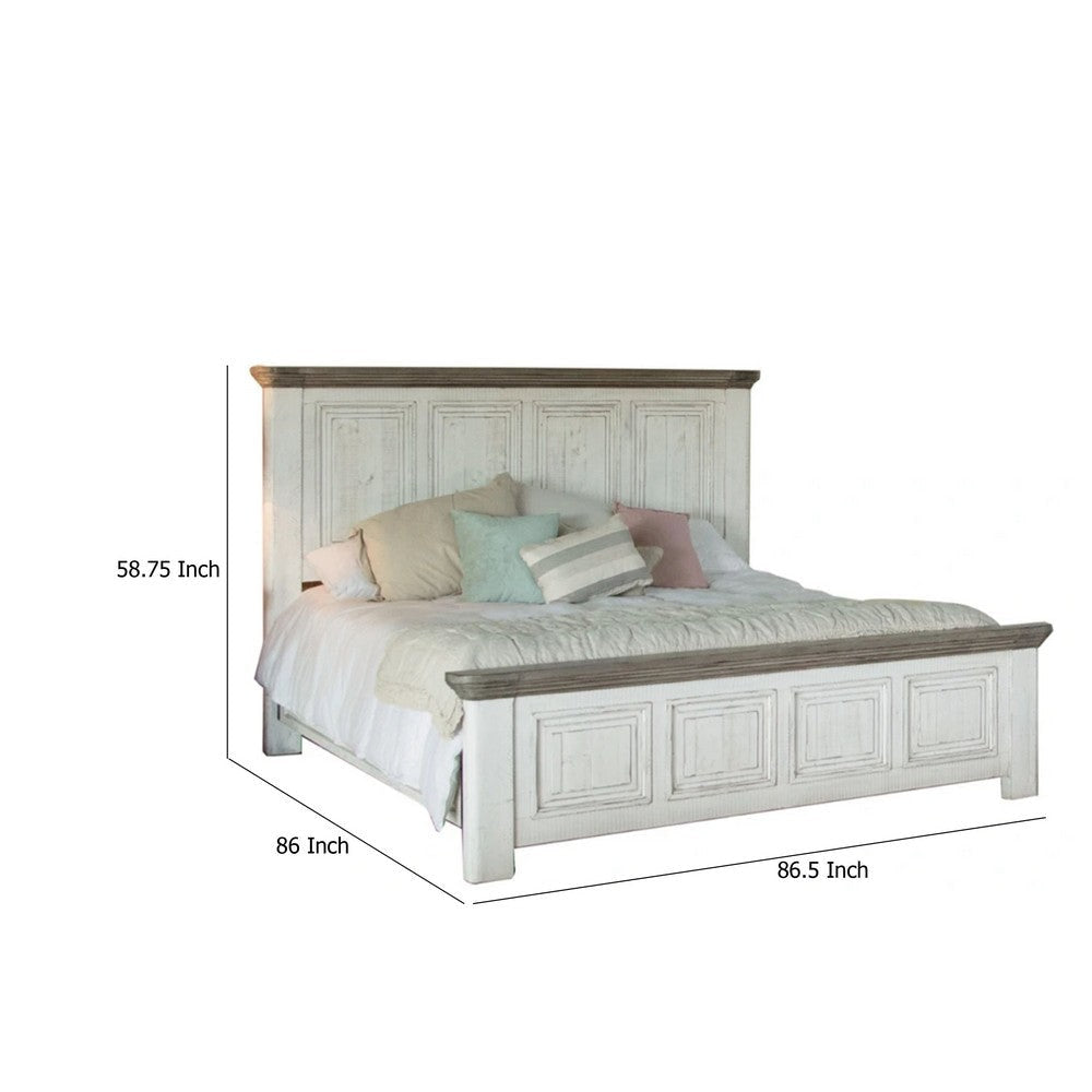 Feya King Size Bed Farmhouse Rustic Ivory and Gray Solid Pine Wood
