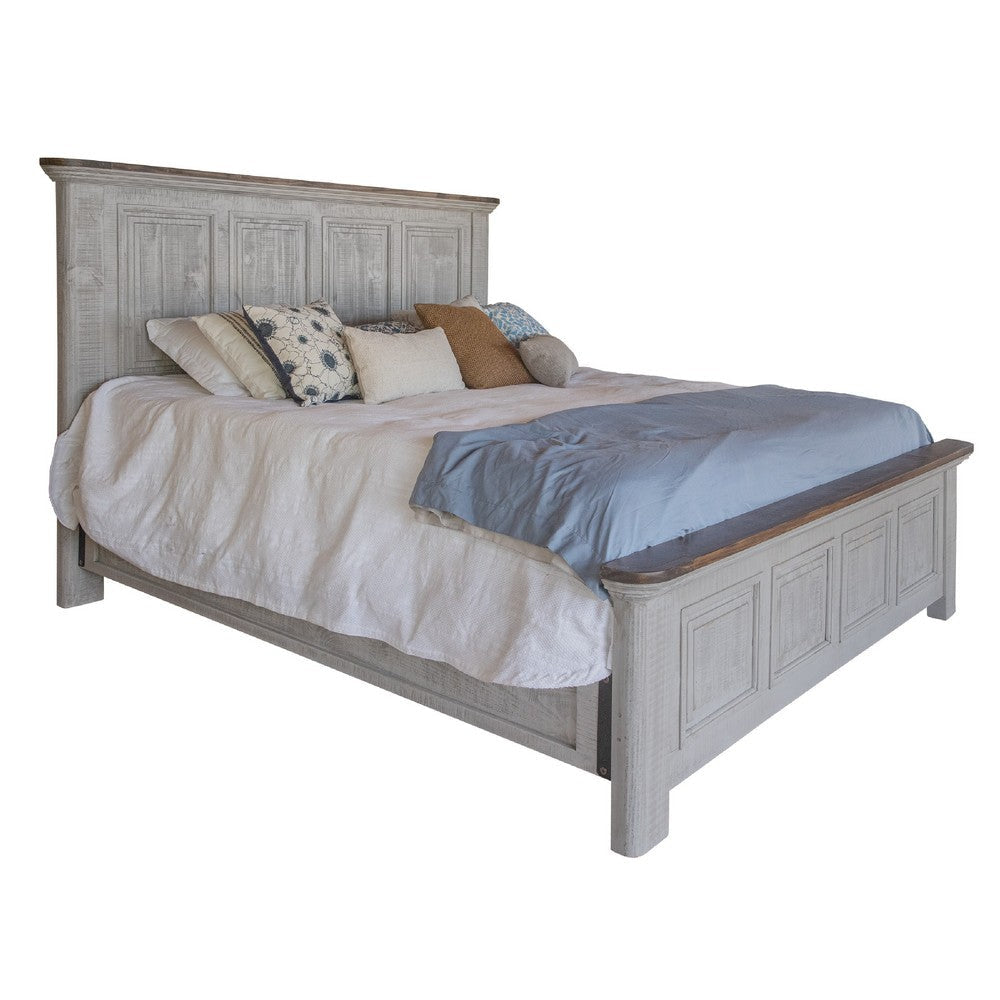 Feya King Size Bed, Farmhouse Rustic Ivory and Gray Solid Pine Wood