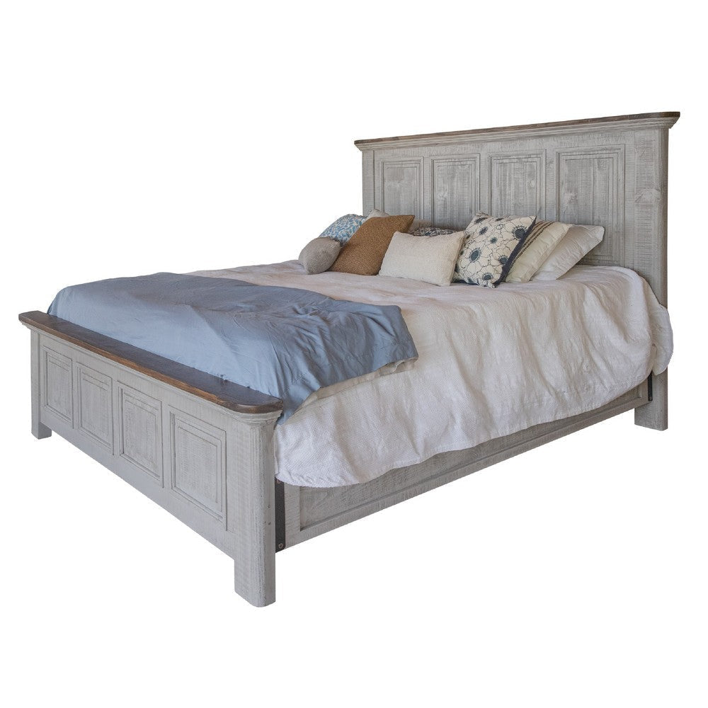 Feya Queen Size Bed Farmhouse Rustic Ivory and Gray Solid Pine Wood
