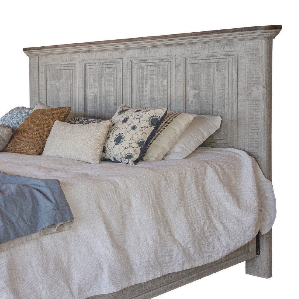 Feya Queen Size Bed Farmhouse Rustic Ivory and Gray Solid Pine Wood