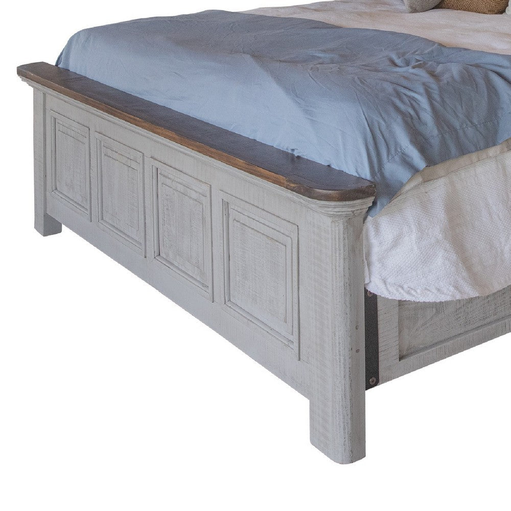 Feya Queen Size Bed Farmhouse Rustic Ivory and Gray Solid Pine Wood