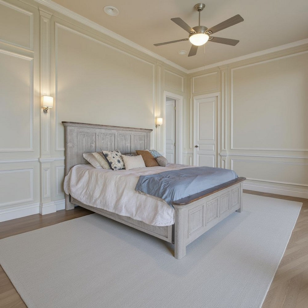 Feya Queen Size Bed, Farmhouse Rustic Ivory and Gray Solid Pine Wood