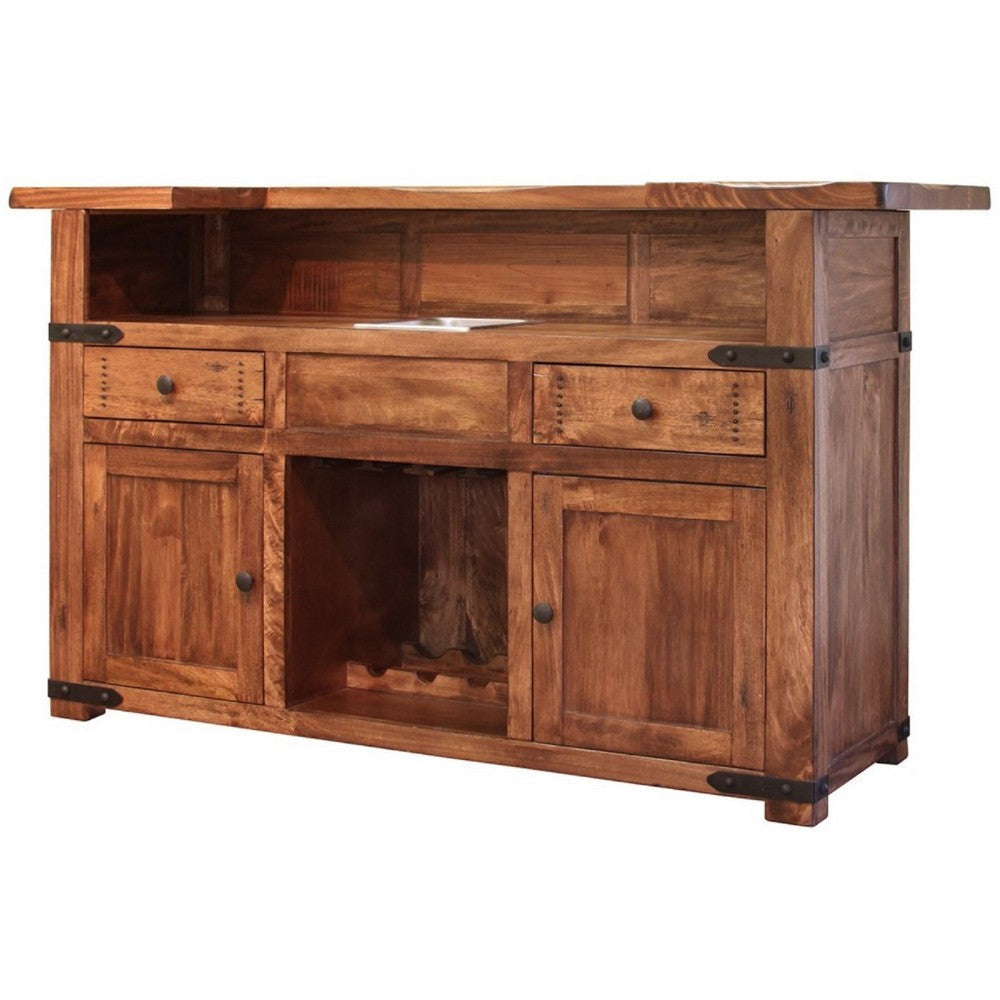 Umey Bar Height Serving Table Brown Mango Wood Black Metal 75 Inch BM332055