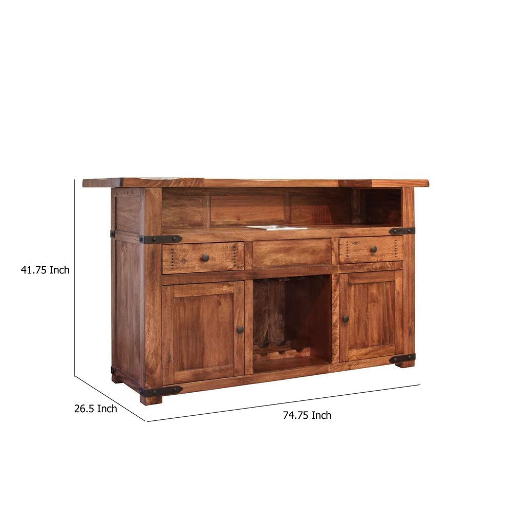 Umey Bar Height Serving Table Brown Mango Wood Black Metal 75 Inch BM332055