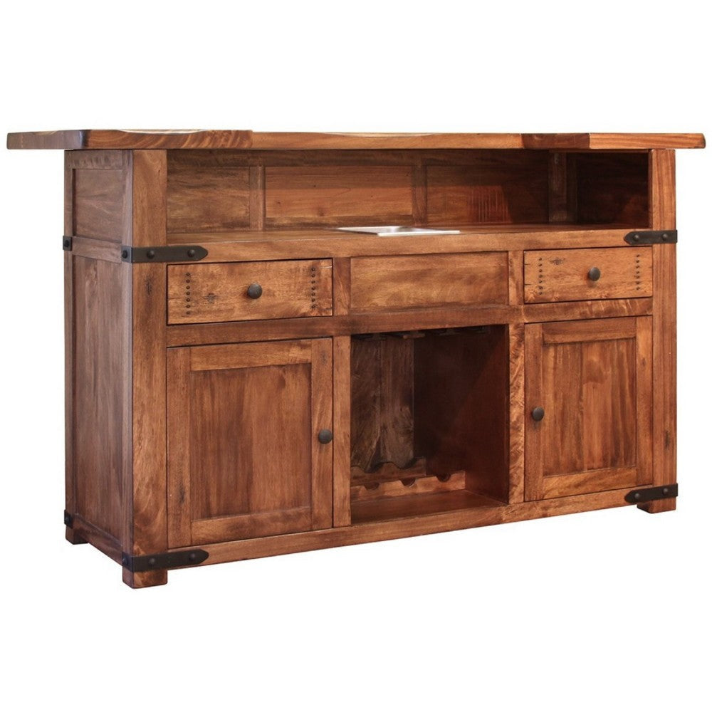 Umey Bar Height Serving Table, Brown Mango Wood, Black Metal, 75 Inch