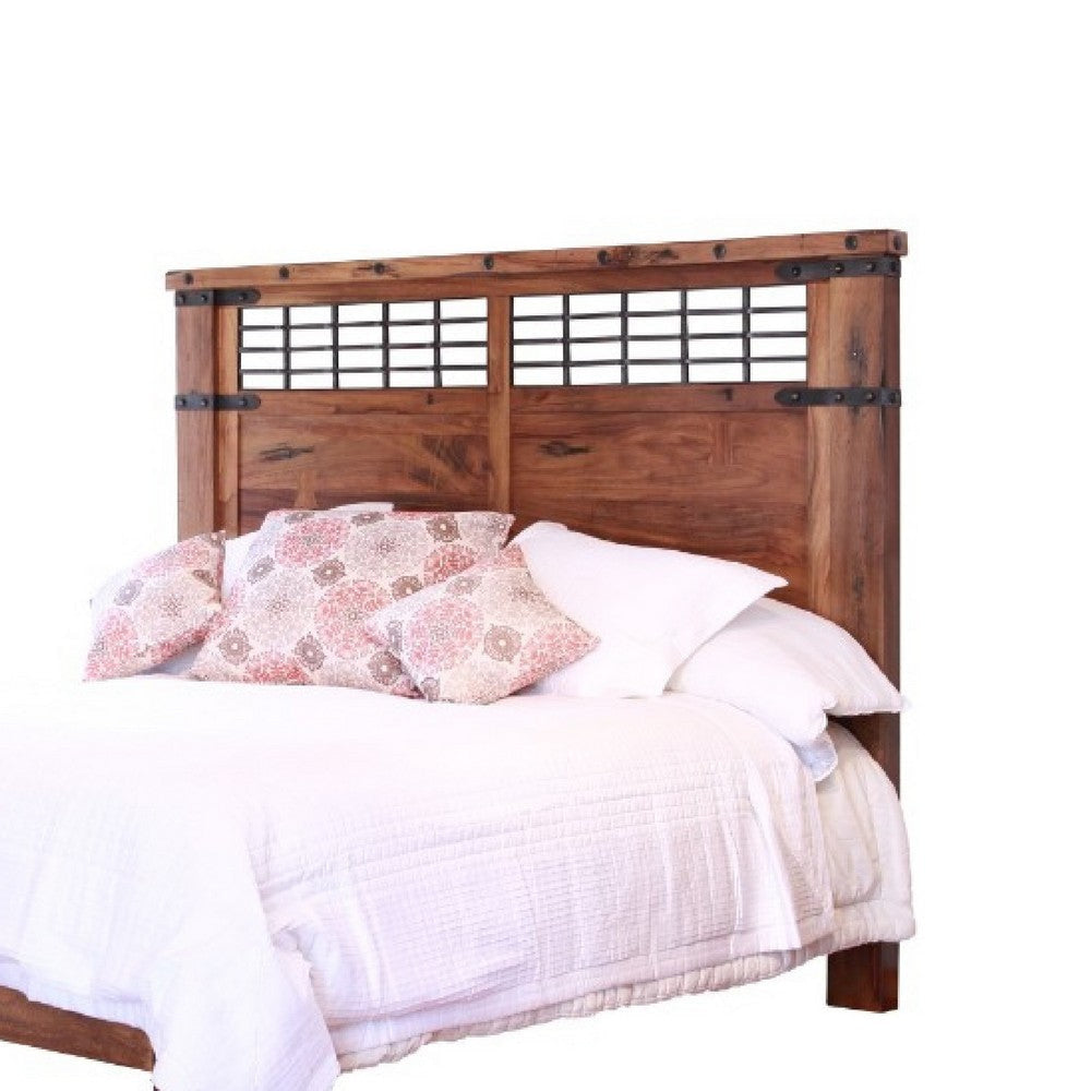 Umey Queen Size Bed Cinnamon Brown Parota Mango Wood Iron Accents