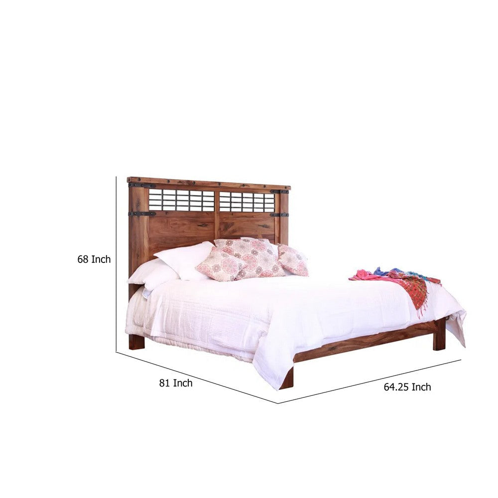 Umey Queen Size Bed Cinnamon Brown Parota Mango Wood Iron Accents