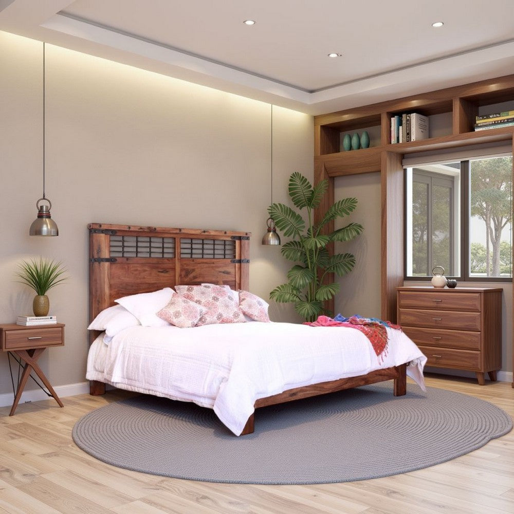 Umey Queen Size Bed, Cinnamon Brown Parota, Mango Wood, Iron Accents