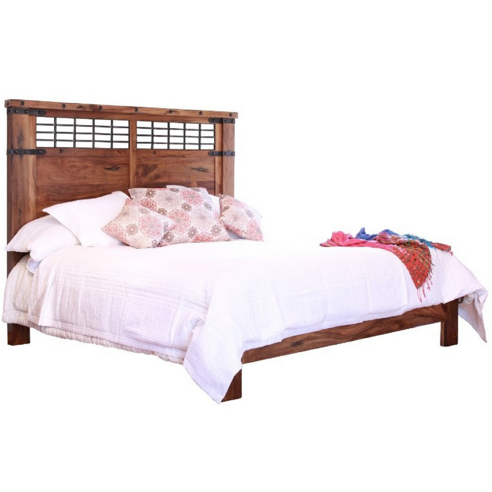 Umey Queen Size Bed, Cinnamon Brown Parota, Mango Wood, Iron Accents