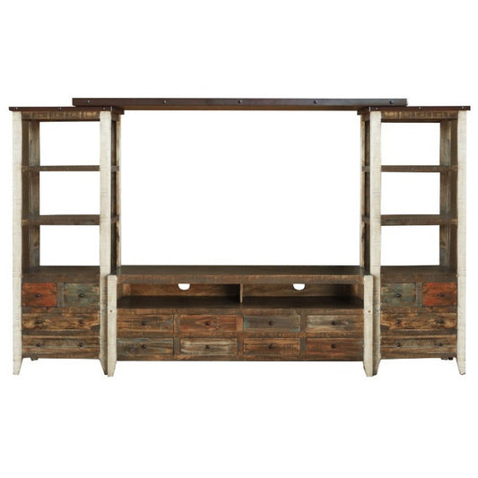 Fena TV Media Wall Unit, 2 Side Piers, Multicolor Pine Wood, 115 Inch
