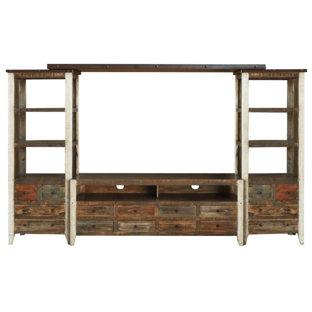 Fena TV Media Wall Unit, 2 Side Piers, Multicolor Pine Wood, 115 Inch