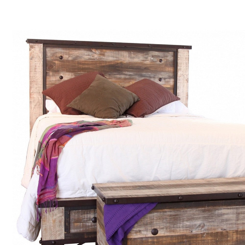 Fena Queen Bed Iron Nailhead Details and Multicolor Solid Pine Wood