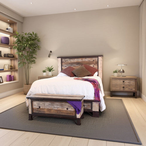 Fena Queen Bed, Iron Nailhead Details and Multicolor Solid Pine Wood