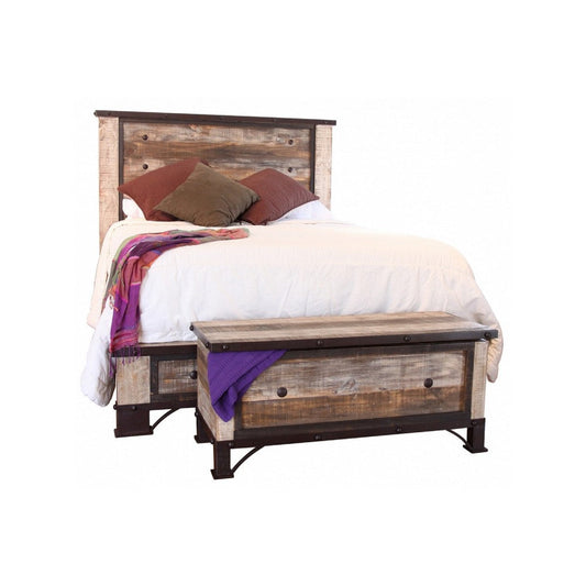 Fena California King Bed, Iron Nailhead Details, Multicolor Pine Wood